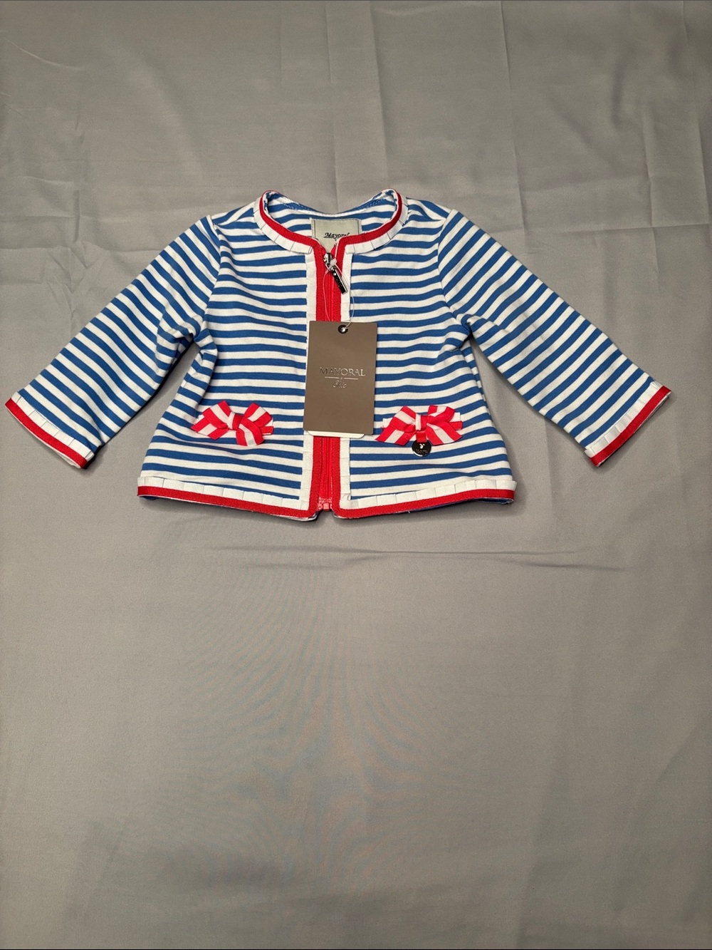 Mayoral Girl Toddler Blue Red White Striped Top Jacket Bows Size 62cm 3m NWT - Picture 2 of 15